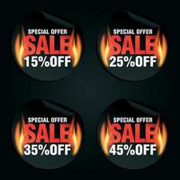 Special offer, sale black stickers set with flame fire 15, 25, 35, 45 percent off