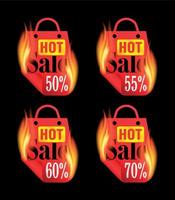 Hot sale stickers set with red burning package. Sale stickers 50, 55, 60, 70 percent off vector