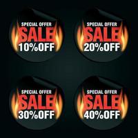 Special offer, sale black stickers set with flame fire 10, 20, 30, 40 percent off vector