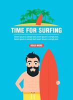 Time for surfing. Surfer concept design flat banner vector