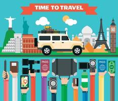 Travel composition with famous world modern flat design with SUV vector