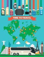 Time to travel design flat with tourist bus and map of the earth vector