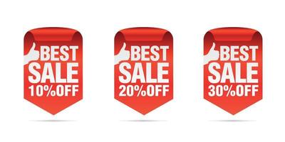Red best sale badges set. Best choice. Sale 10, 20, 30 percent off vector