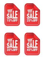 Red Sale stickers set with shopping cart. Sale stickers 15, 25, 35, 45 percent off vector