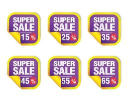 Violet sale stickers set. Sale 15, 25, 35, 45, 55, 65 percent off with package icon vector