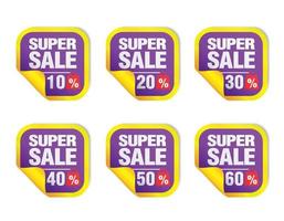 Violet sale stickers set. Sale 10, 20, 30, 40, 50, 60 percent off with package icon vector