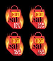 Hot sale stickers set with red burning package. Sale stickers 15, 25, 35, 45 percent off vector