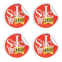 Sale stickers with shopping cart 15,25,35,45 percent off vector