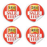 Sale stickers with shopping basket 15,25,35,45 percent off vector