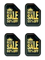 Sale black stickers set with gold text, crown icon. Best Sale 50, 55, 60, 70 percent off vector