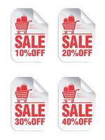 Sale white stickers set with red text, cart with shopping bags icon. Sale 10, 20, 30, 40 percent off vector