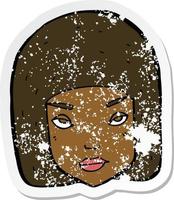 retro distressed sticker of a cartoon annoyed female face vector
