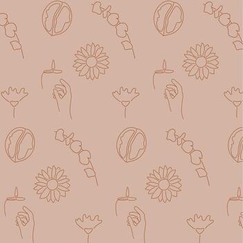 patrón tierno de una vela con la mano, una rama con pétalos, flores y nuez sobre fondo claro en el vector