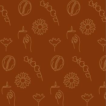 patrón tierno de una vela con la mano, una rama con pétalos, flores y nuez sobre fondo oscuro en el vector