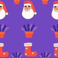 Seamless pattern with santa claus, christmas sock. Vector illustration in a flat style for printing.