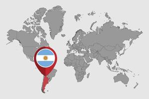 Pin map with Argentina flag on world map. Vector illustration.