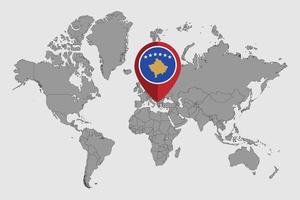 Pin map with Kosovo flag on world map. Vector illustration.