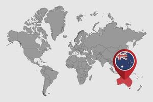 pin mapa con la bandera de australia en el mapa mundial. ilustración vectorial