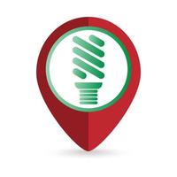 Map pointer with eco light bulb icon. Vector illustration.