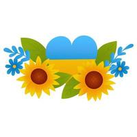 símbolo del corazón ucraniano con flores flok con girasoles y acianos azules, signo de paz, soporte con ucrania vector