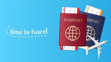 Travel banner design, passport, ticket, airplane. Travel background, vector illustration