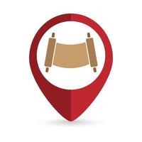 Map pointer with torah sroll icon. Vector illustration.