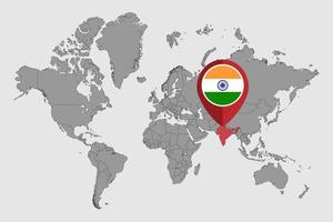 pin mapa con la bandera india en el mundo map.vector ilustración. vector