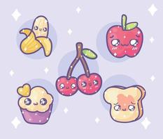 frutas y pan kawaii vector