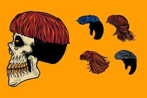 cráneo dibujado a mano con varios conjuntos de ilustración de vector de cabello