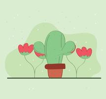 potted cactus and flowers vector