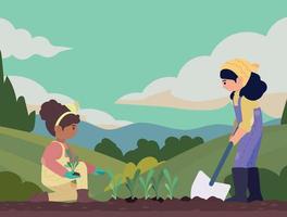 female farmers planting in the field vector