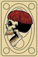 cabeza de calavera dibujada a mano con cabello fresco e ilustración de tarjeta de boca abierta