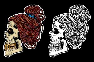 hand drawn skull head with cool hair vector illustration