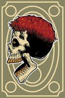 cabeza de calavera dibujada a mano con cabello fresco e ilustración de tarjeta de boca abierta vector