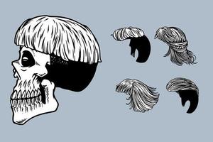 hand drawn skull with various hair vector illustration set monochrome style