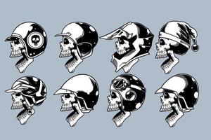 skull head with various helm on and open mouth illustration set monochrome style vector