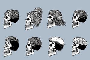 skull head with various hair illustration set monochrome style