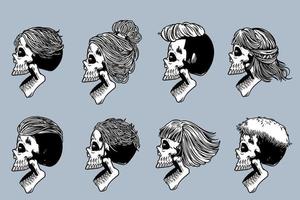 skull head with various hair and open mouth illustration set monochrome style vector