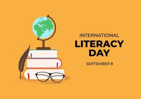 International literacy day with feather, globe, glasses and books vector