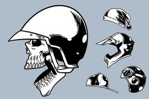 hand drawn skull with various helm vector illustration set monochrome style