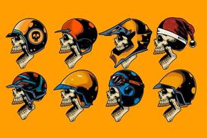 skull head with various helm on and open mouth hand drawn illustration set vector