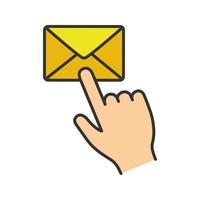 Mail button click color icon. SMS. Email app. Messenger. Hand pressing email button. Isolated vector illustration