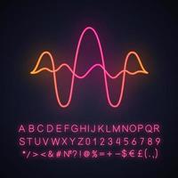 Overlapping curves, waves neon light icon. Vibration, noise amplitude level. Music frequency. Audio, digital soundwaves. Glowing sign with alphabet, numbers and symbols. Vector isolated illustration