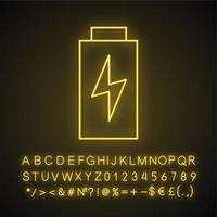 Battery charging neon light icon. Battery level indicator. Glowing sign with alphabet, numbers and symbols. Vector isolated illustration