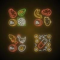 Vitamins neon light icons set. B5, B6, B12 natural food source. Vitamin pills. Fruits, meat, vegetables. Proper nutrition. Minerals, antioxidants. Glowing signs. Vector isolated illustrations