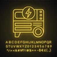 Portable power generator neon light icon. Home electric generator. Glowing sign with alphabet, numbers and symbols. Vector isolated illustration