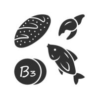 Vitamin B3 glyph icon. Bread, fish and seafood. Healthy eating. Nicotinic acid. Vitamin PP, niacin natural food source. Minerals. Silhouette symbol. Negative space. Vector isolated illustration