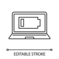 Discharged laptop linear icon. Computer low battery. Thin line illustration. Notebook battery level indicator. Contour symbol. Vector isolated outline drawing. Editable stroke