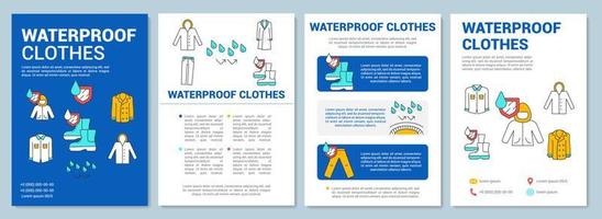 Waterproof clothes, footwear brochure template layout. Flyer, booklet, leaflet print design with linear illustrations. Vector page layouts for magazines, annual reports, advertising posters