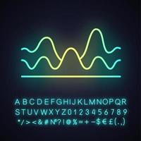 Overlapping waves neon light icon. Sound wave with flowing, fluid effect. Digital soundwave, audio waveform, audio rhythm. Glowing sign with alphabet, numbers and symbols. Vector isolated illustration